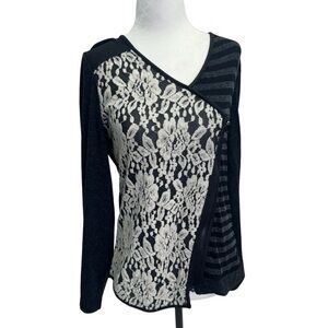 Dolcezza Black V-Neck Long Sleeve Lace Stripe Top Size M